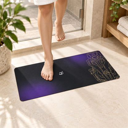 Purple and black gradient bath runner with gold line art design, anti-slip textured mat in 70x30 cm from Wukusy.