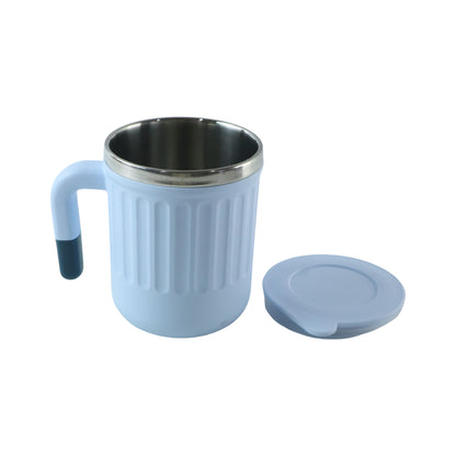 Wukusy Apex Office Mug 400ml with handle, lid, steel rim, ceramic coffee mug for office use, shown with handle and lid attached