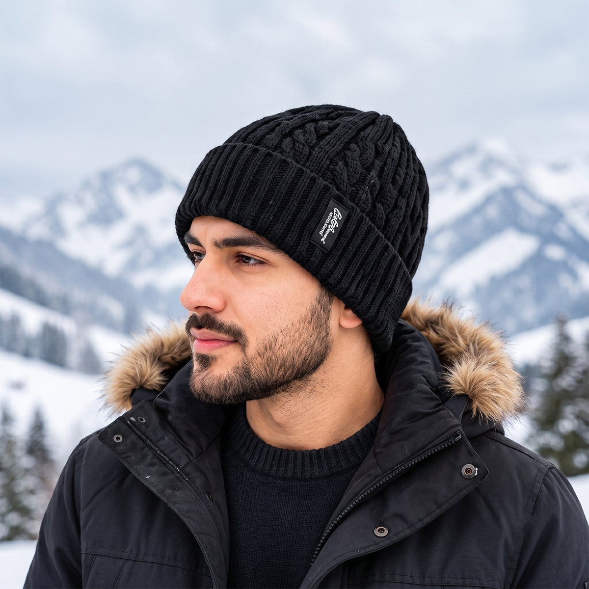Wukusy winter cable knit beanie cap with fleece lining and folded ribbed cuff, warm and cozy for cold weather.