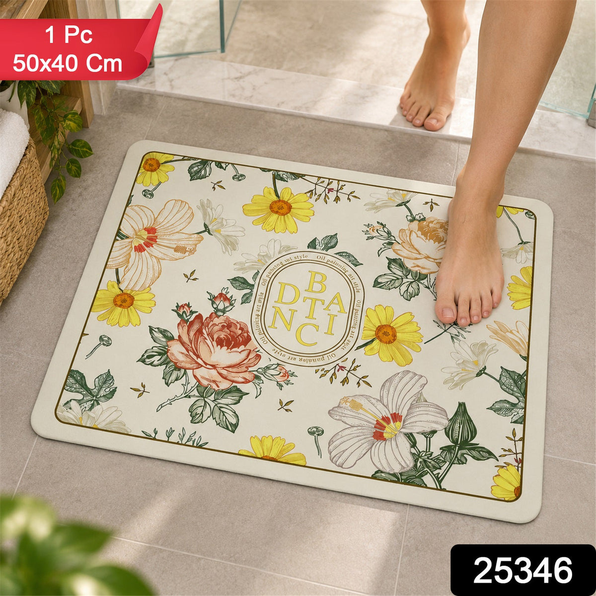 Wukusy floral print absorbent bathroom mat, quick-dry bath rug, 50x40 cm, featuring colorful floral design on soft fabric.
