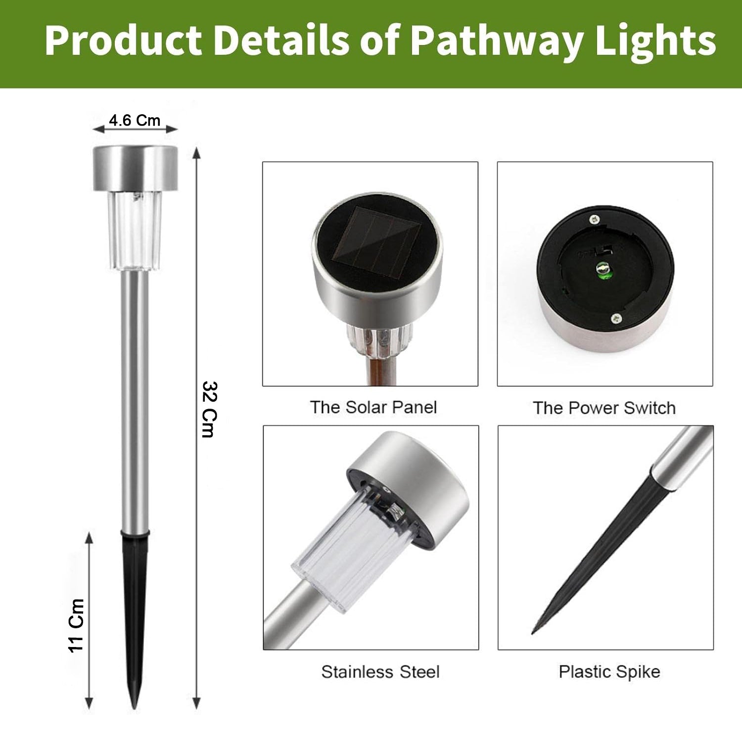 Set of 12 Wukusy solar garden lawn lamps with black stakes and white LED lights for outdoor lighting.