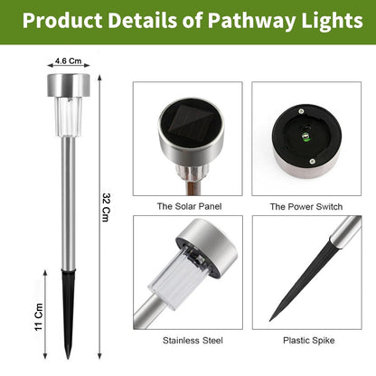Set of 12 Wukusy solar garden lawn lamps with black stakes and white LED lights for outdoor lighting.