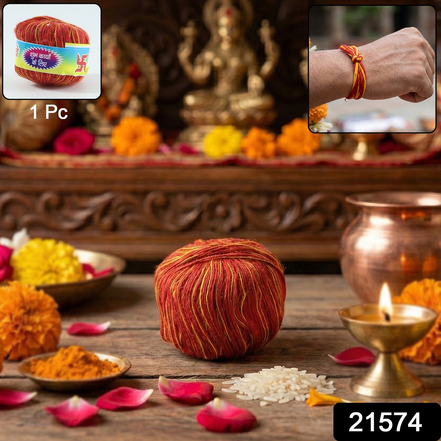 Sacred cotton Pooja Kalawa Moli thread from Wukusy, displayed in a natural, neatly wound coil for religious rituals.