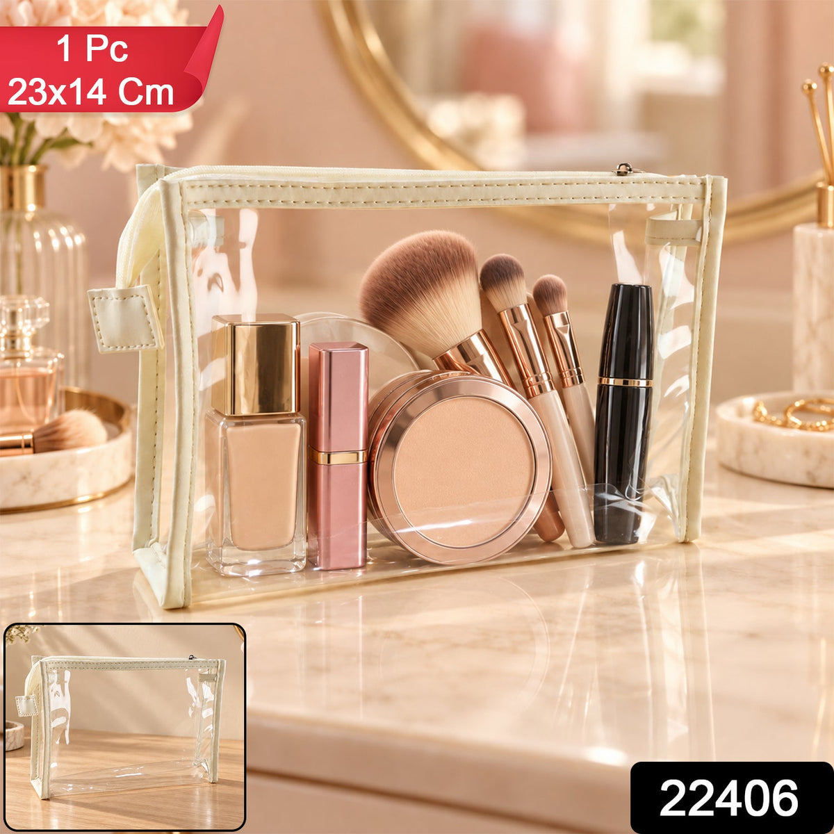 Transparent PVC makeup zipper pouch by Wukusy, 23x14 cm for travel and toiletry storage, clear and durable with zipper closure.