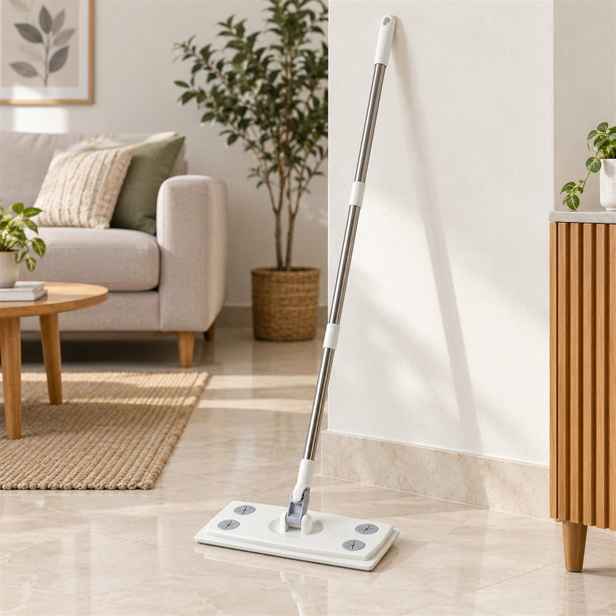 Wukusy rotating flat mop with sectional rod and cloth clips, 110 x 26 cm, shown with mop head and handle for floor cleaning.