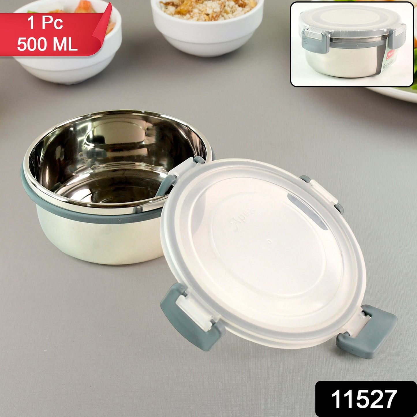 Wukusy Apex round airtight food storage container with 500ml capacity, clear plastic with a secure lid for kitchen organization