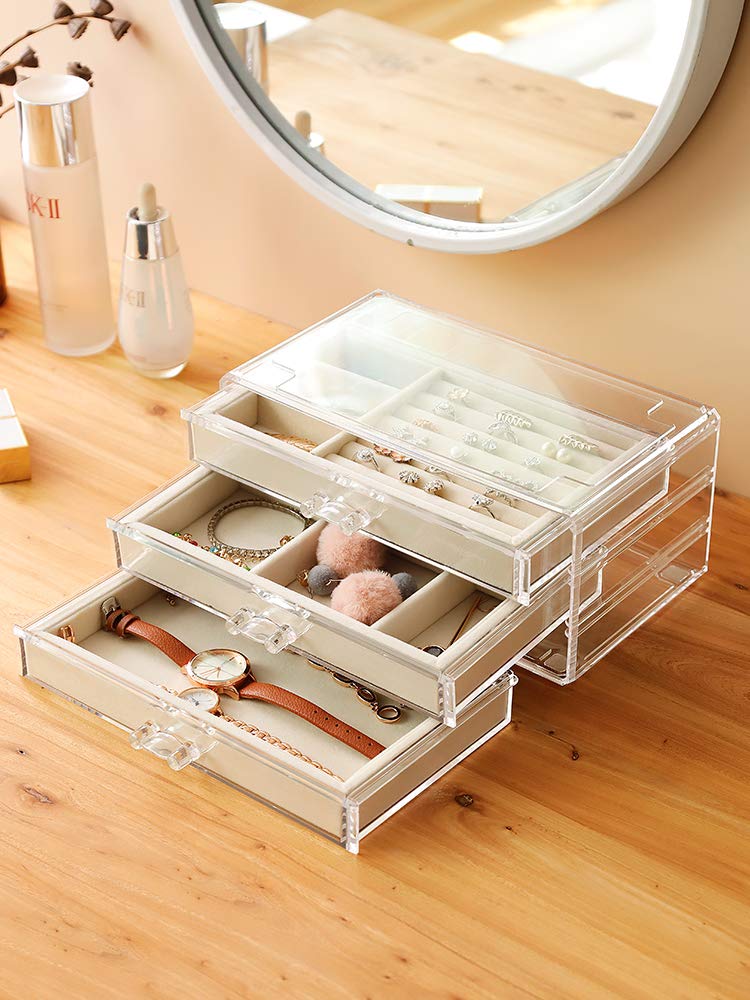 Earring Jewelry Organizer with 3 Drawers, Clear Acrylic Jewelry Box for Women
