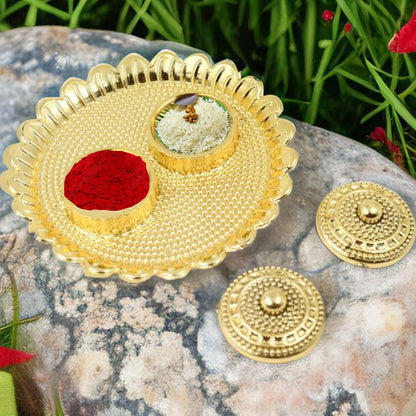 Large round Puja Thali holder with Kumkum dish from Wukusy, made of special Puja material, suitable for religious ceremonies.