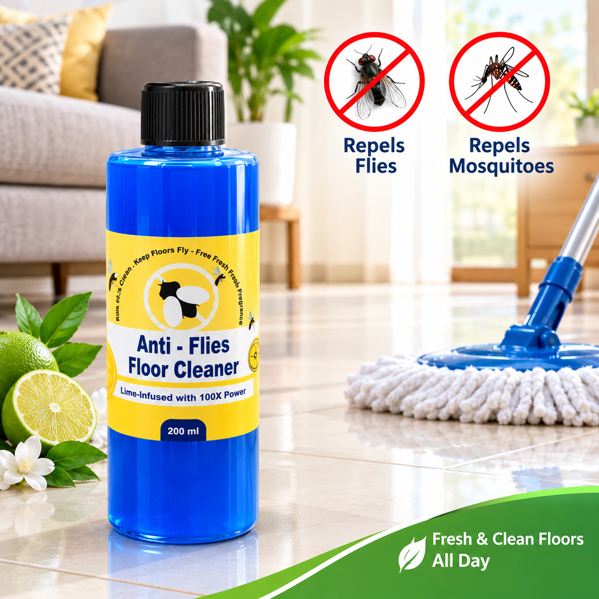 Dropdash Anti-fly and Mosquito Floor Cleaner 200 ML bottle with label, for fresh and pest-free floors.