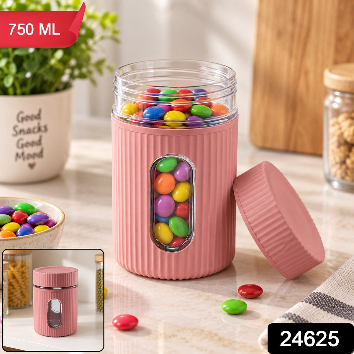 Wukusy plastic storage container with 750ml capacity, transparent window, and screw lid, suitable for kitchen organization.