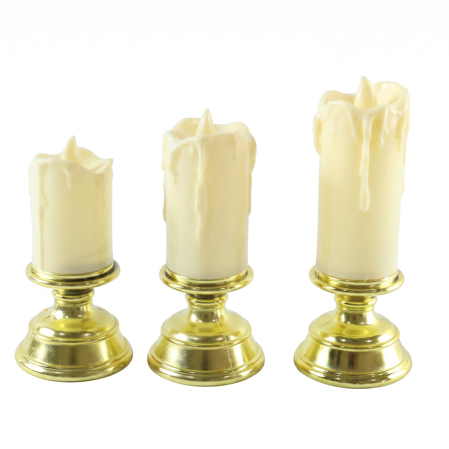 Set of three plastic flameless LED candles with pedestal stands by Wukusy, ideal for decorative display and ambient lighting.