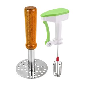  Combo of Steel Potato Masher & Power-Free Blender – Easy-to-Use Manual Kitchen Tools for Mashing, Blending, and Cooking | Essential Set for Smoothies, Sauces, and Mashed Potatoes