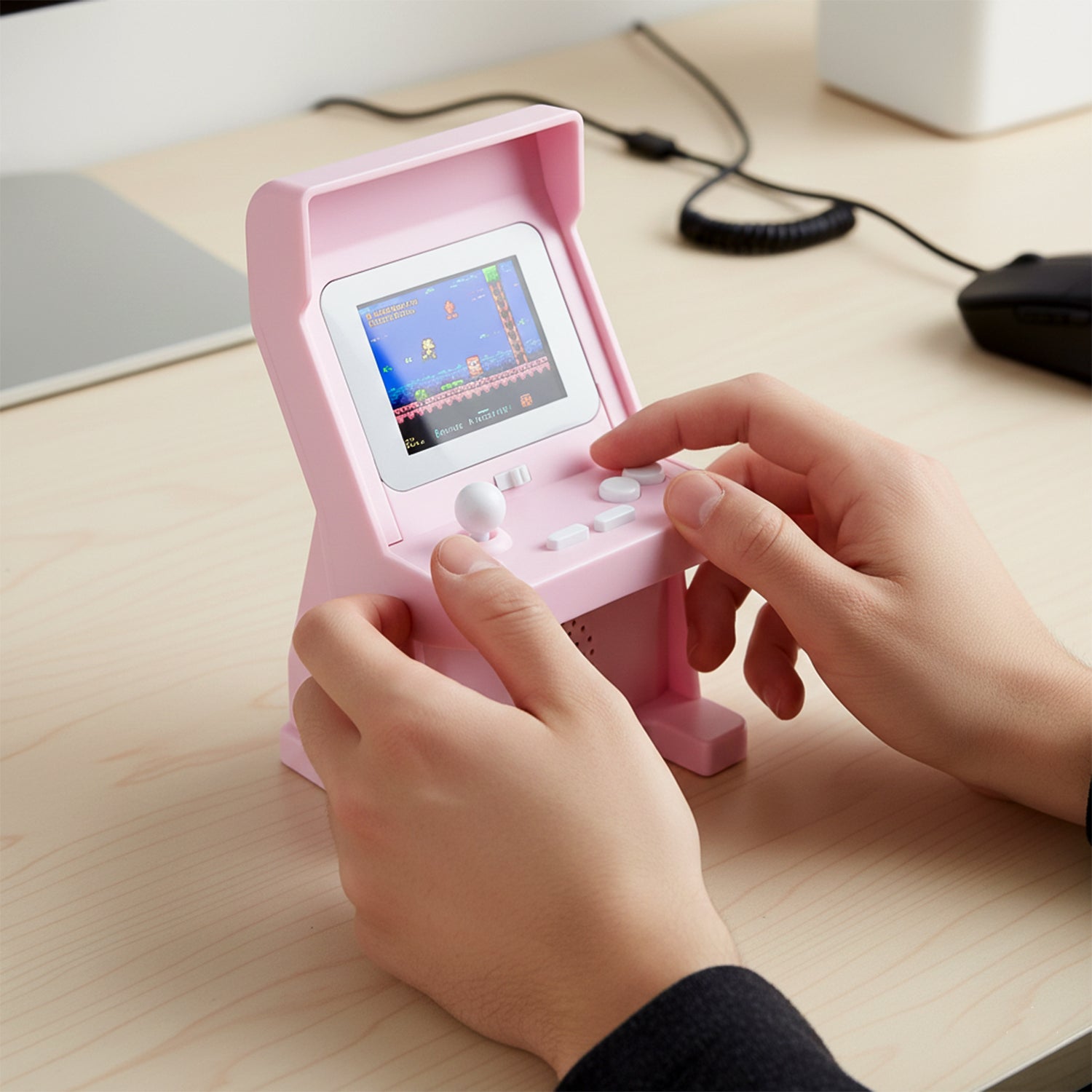 Wukusy mini retro arcade gaming console with colorful buttons and screen, featuring 120 built-in classic arcade games for kids and teens.
