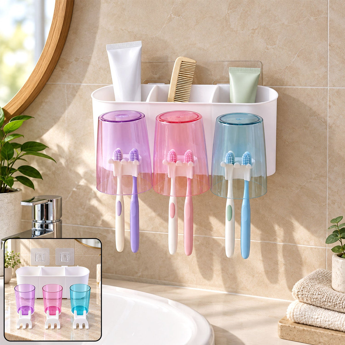 Wukusy wall-mounted toothbrush holder with three cups and bathroom storage, ideal for organizing toothbrushes and toiletries.