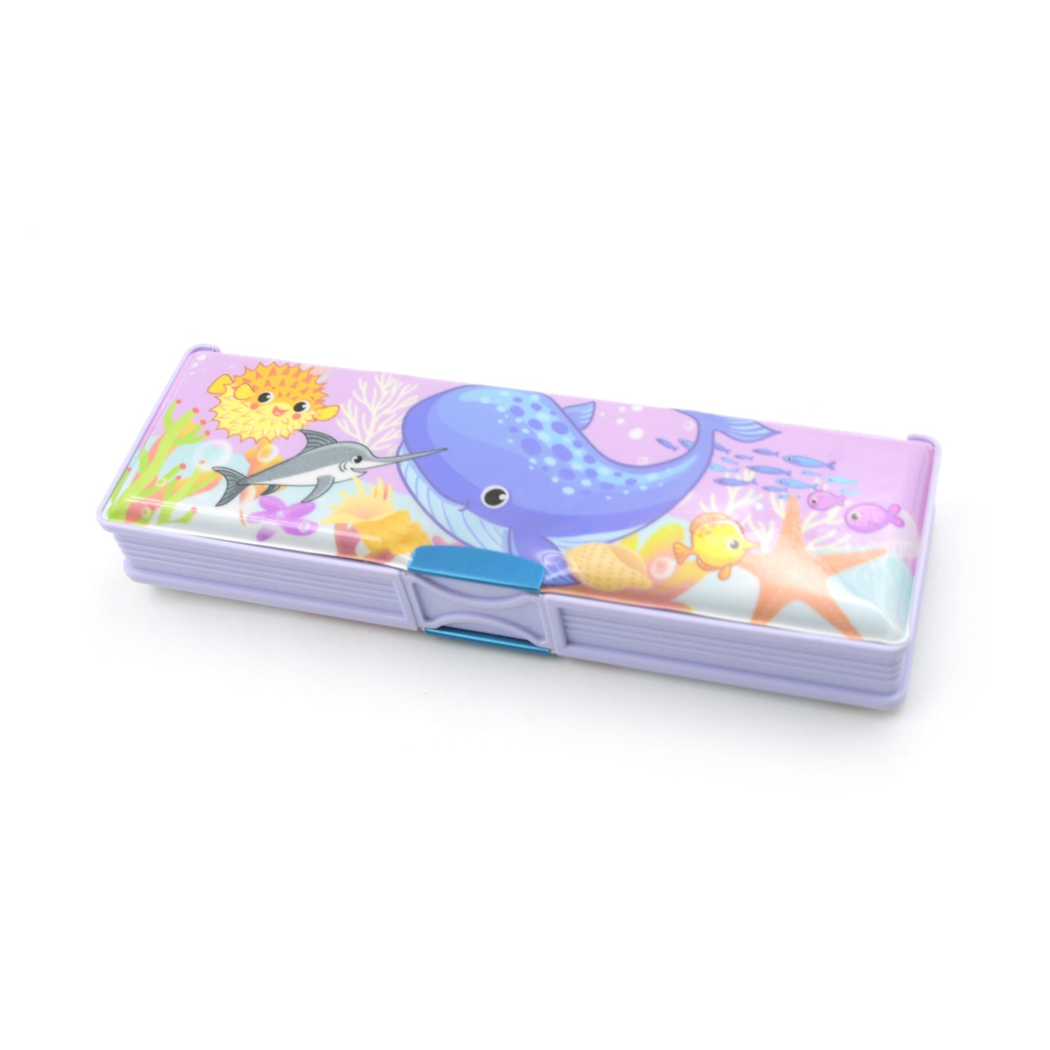 Wukusy 4138 multipurpose plastic pencil case with double compartments, cartoon print, ideal for school supplies and organization.