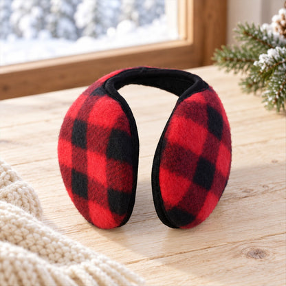 Wukusy check pattern winter ear muffs with behind neck band, cozy and warm for daily use, close-up view of the ear muff design
