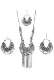 Silver oxidized mirror work jhumka earrings and matching necklace set for women and girls, stylish jewelry by Ekom.