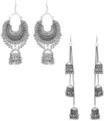 Silver oxidized mirror work jhumka earrings and matching necklace set from Ekom, stylish jewelry for women and girls.