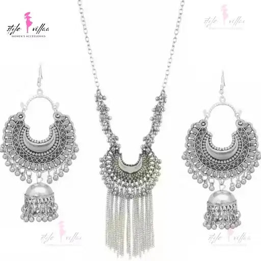 Partywear Silver Bold Necklace Set with Oxidised Finish – Necklace & Earrings for Women.