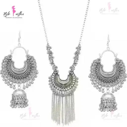 Partywear Silver Bold Necklace Set with Oxidised Finish – Necklace & Earrings for Women.