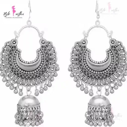 Partywear Silver Bold Necklace Set with Oxidised Finish – Necklace & Earrings for Women.