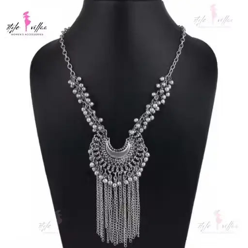 Partywear Silver Bold Necklace Set with Oxidised Finish – Necklace & Earrings for Women.
