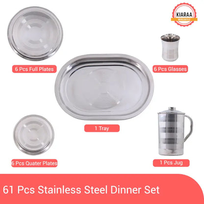 Ekom KIARAA 61-piece stainless steel dinner set with plates, bowls, and utensils for kitchen and dining use
