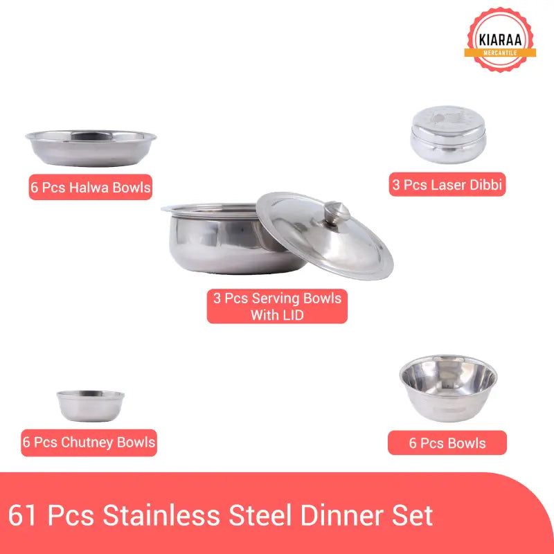 Ekom KIARAA 61-piece stainless steel dinner set with plates, bowls, and utensils for kitchen and dining use.