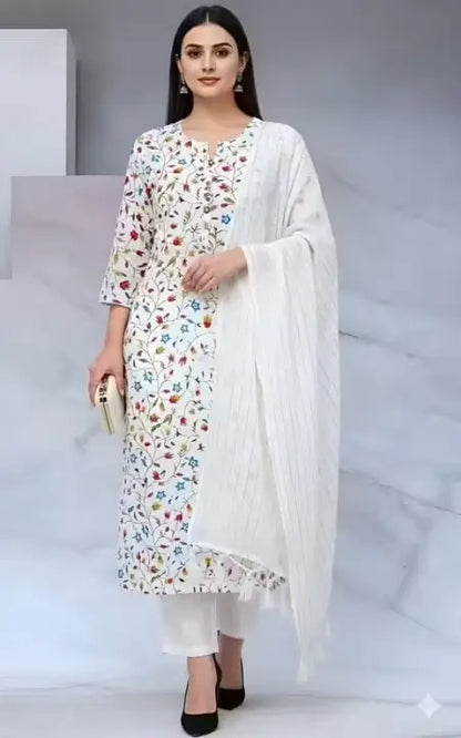 Women’s Cotton Kurta Set – White Printed Kurta with Pant & Dupatta (XXS to XXXL)
