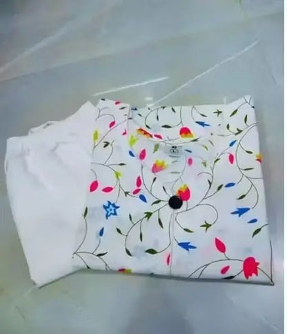 Women’s Cotton Kurta Set – White Printed Kurta with Pant & Dupatta (XXS to XXXL)