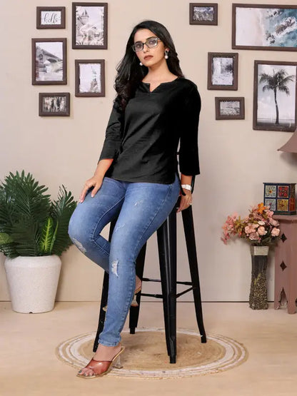 Baby Pink Cotton Round V-Neck Neck Hip Length 3/4 Sleeve Tunic For Women