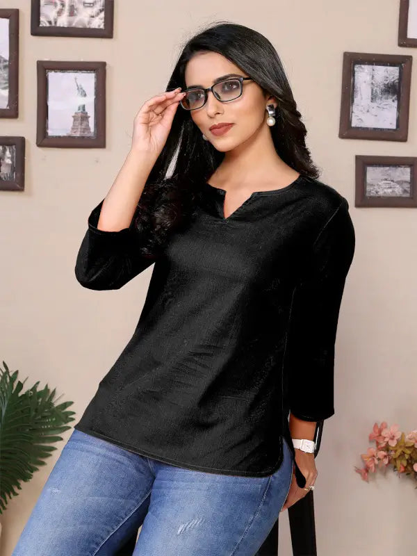 Baby Pink Cotton Round V-Neck Neck Hip Length 3/4 Sleeve Tunic For Women