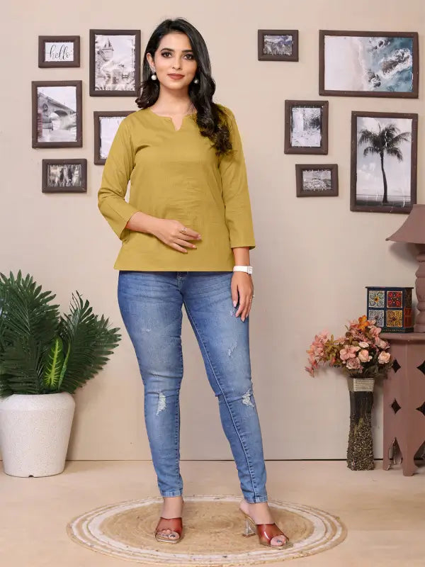 Baby Pink Cotton Round V-Neck Neck Hip Length 3/4 Sleeve Tunic For Women