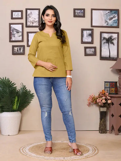 Baby Pink Cotton Round V-Neck Neck Hip Length 3/4 Sleeve Tunic For Women