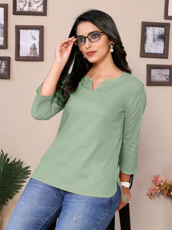 Baby Pink Cotton Round V-Neck Neck Hip Length 3/4 Sleeve Tunic For Women