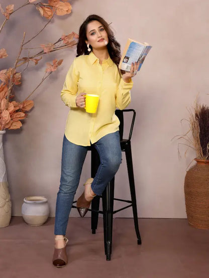 Golden Pure Viscose Collared Neck Hip Length Half Sleeve Shirt For Women