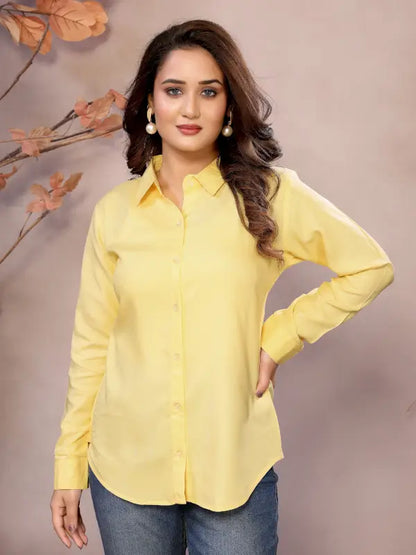 Golden Pure Viscose Collared Neck Hip Length Half Sleeve Shirt For Women