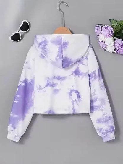 White long sleeve printed crop top hoodie for kids girls, Ekom brand, casual kids clothing with playful design.