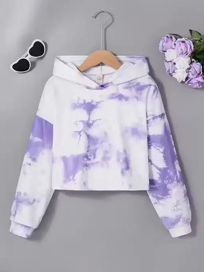 White long sleeve printed hoodie crop top for kids girls by Ekom, featuring a casual, comfortable design with colorful print details.