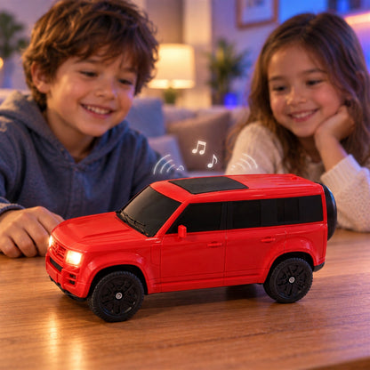 Wukusy car-shaped wireless speaker with light-up headlights and audio controls, designed for portable music playback.