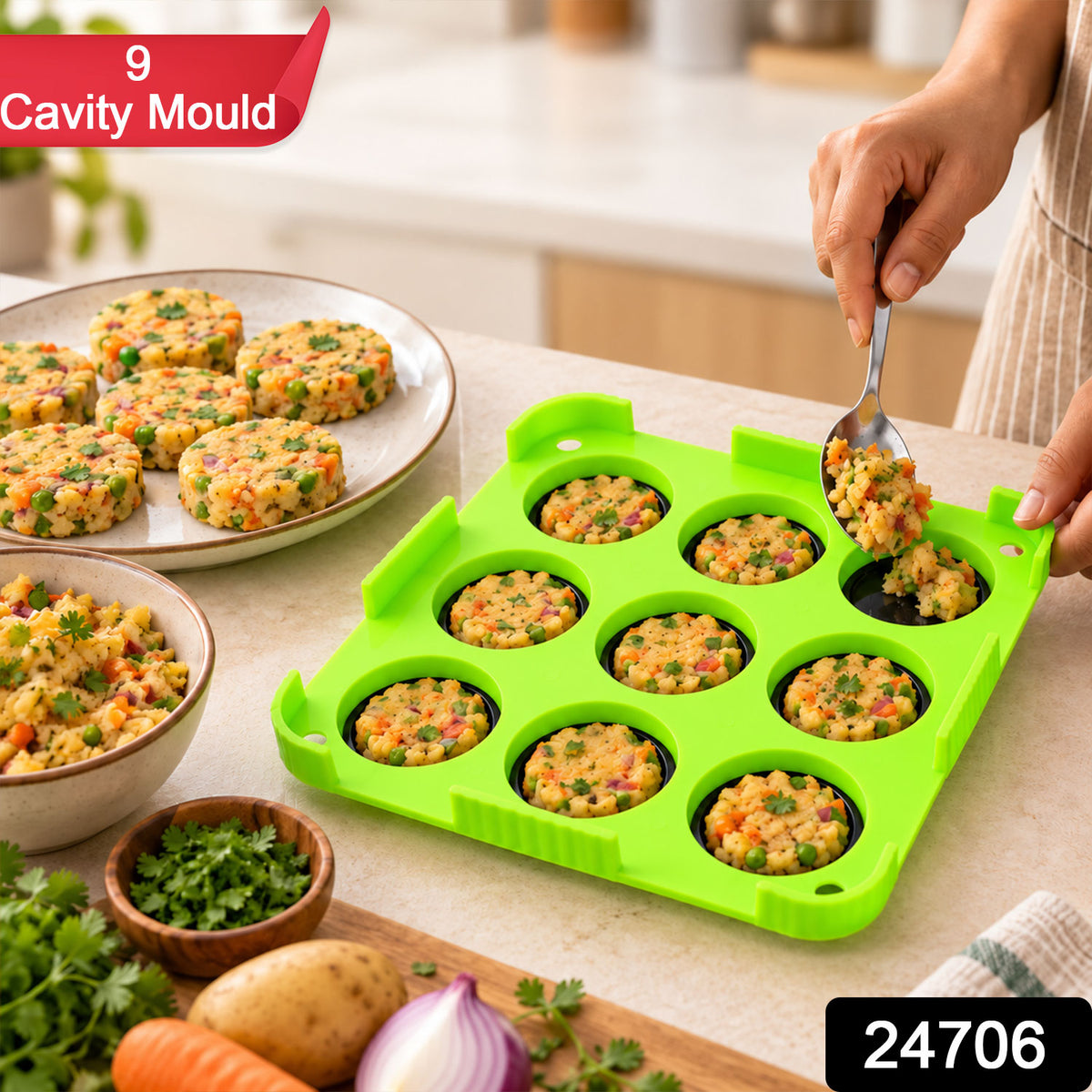 Wukusy 9-cavity cutlet and aloo tikki maker mould with removable base inserts