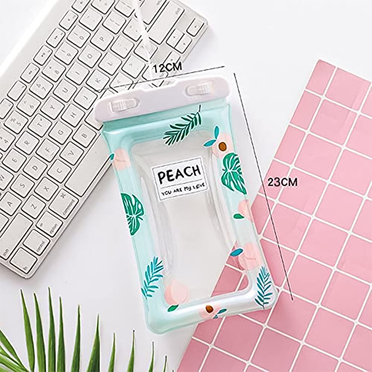 Clear waterproof peach mobile pouch with neck strap by Wukusy, showing transparent design and adjustable strap.