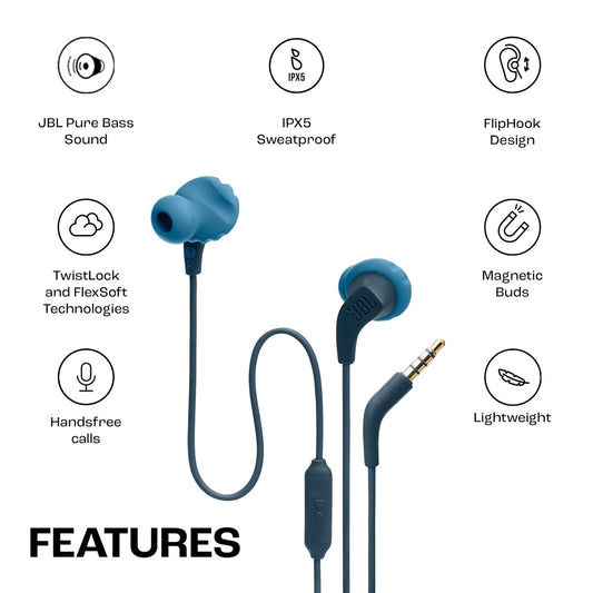 JBL Endurance Run 2 with Fliphook & TwistLock Technology, Pure Bass, IPX5 Sweatproof Wired Headset  (Blue, In the Ear)