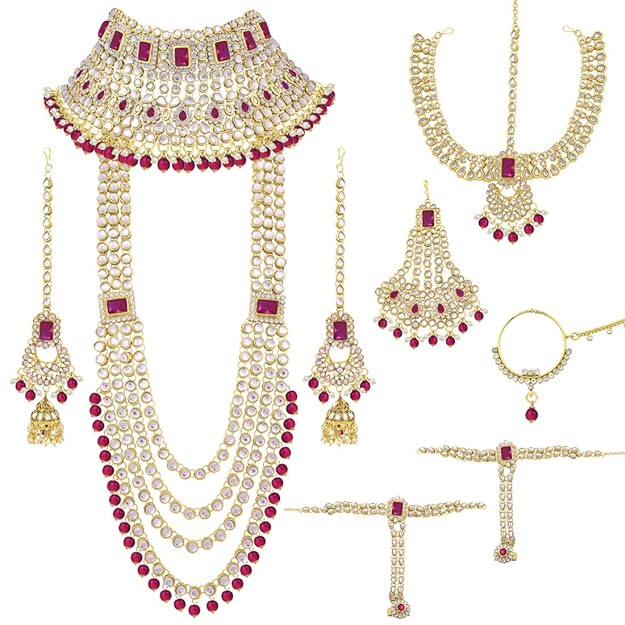 Ethnic Indian Traditional Gold Plated Kundan Dulhan Bridal Jewellery Set Choker Earrings Maang Tikka Hathphool for Women Girls
