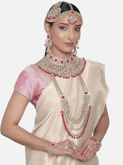 Ethnic Indian Traditional Gold Plated Kundan Dulhan Bridal Jewellery Set Choker Earrings Maang Tikka Hathphool for Women Girls