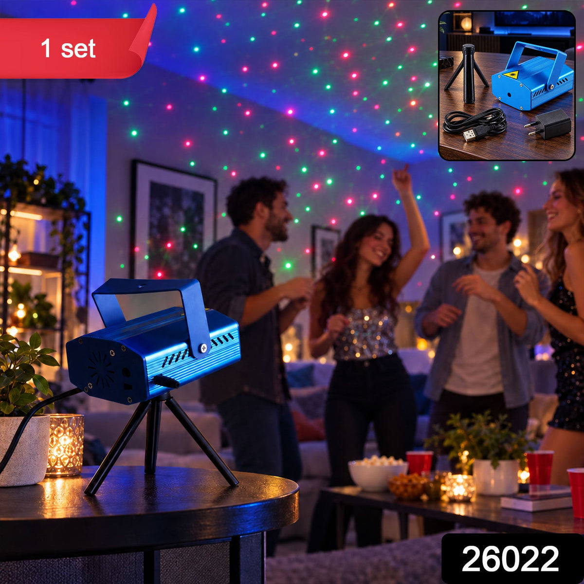 Wukusy sound-activated laser dot projector party light with tripod, displaying colorful laser dots on a wall for festive decoration.