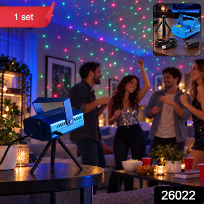 Wukusy sound-activated laser dot projector party light with tripod, displaying colorful laser dots on a wall for festive decoration.