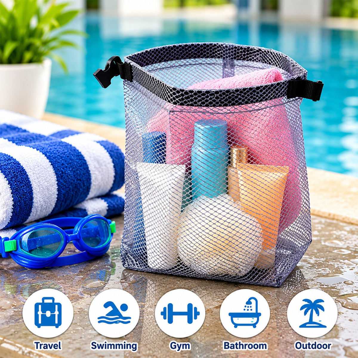 Mesh Travel Organizer Pouch With Buckle For Toiletries (1 Pc 27x23 Cm)