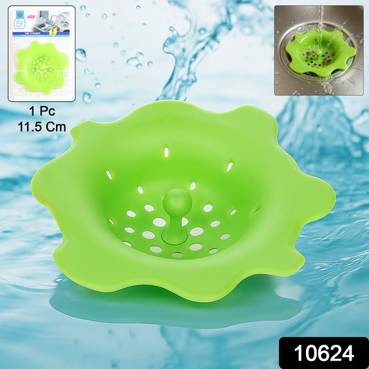 Flexible silicone sink strainer by Wukusy, drain hair catcher for preventing clogs in kitchen or bathroom sinks.
