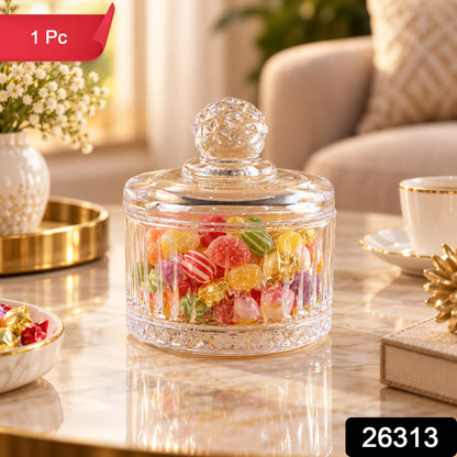 Clear ribbed glass candy bowl with lid by Wukusy, perfect for sweets and table display, showcasing a sleek, transparent design.